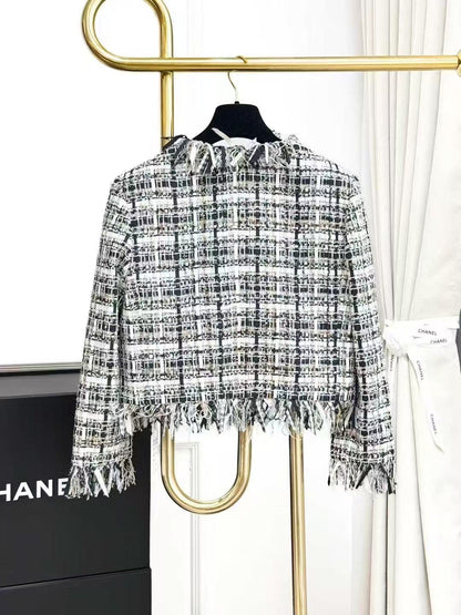 Chanel 22C Black and White Checkered Fringed Long-Sleeve Jacket