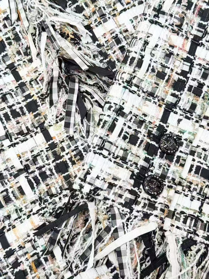 Chanel 22C Black and White Checkered Fringed Long-Sleeve Jacket