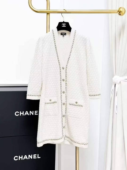 Chanel 23B Off-White Leather Chain-Detailed Double-C Gold Buckle Long Knit Cardigan