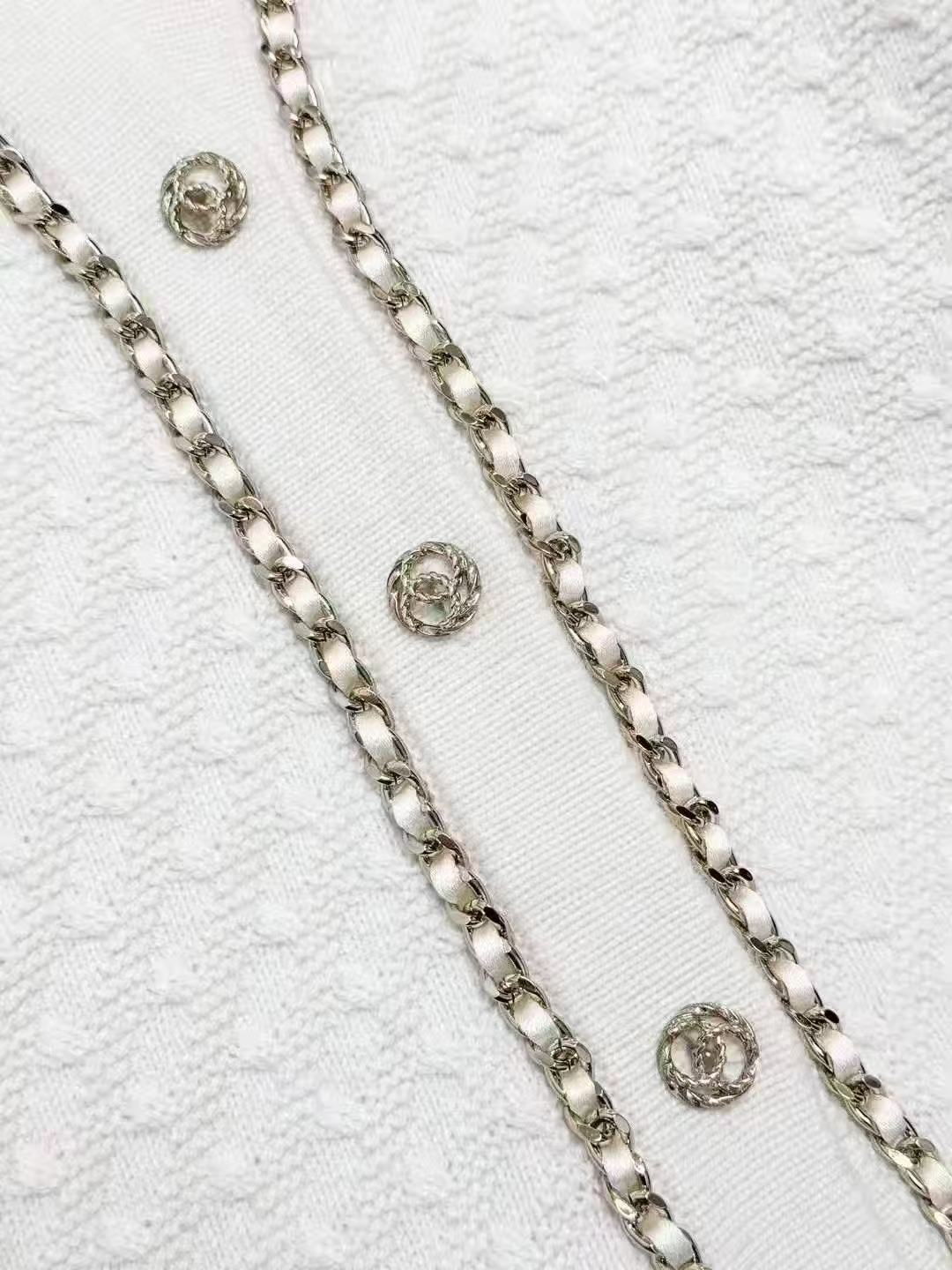 Chanel 23B Off-White Leather Chain-Detailed Double-C Gold Buckle Long Knit Cardigan