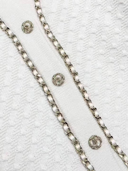 Chanel 23B Off-White Leather Chain-Detailed Double-C Gold Buckle Long Knit Cardigan