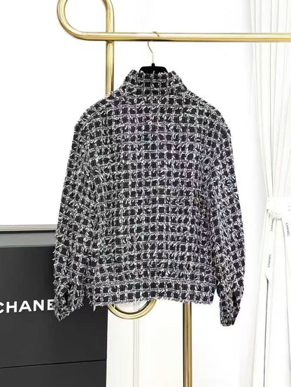 Chanel 23A Black and White Houndstooth Stand Collar Long Sleeve Jacket