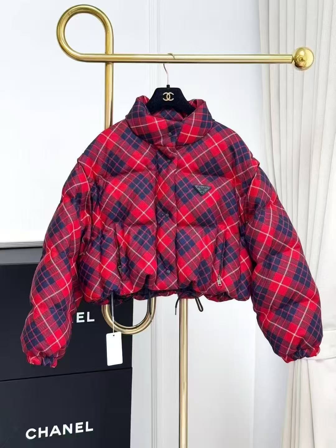 Prada Red and Navy Blue Checkered Long-Sleeve Cropped Down Jacket