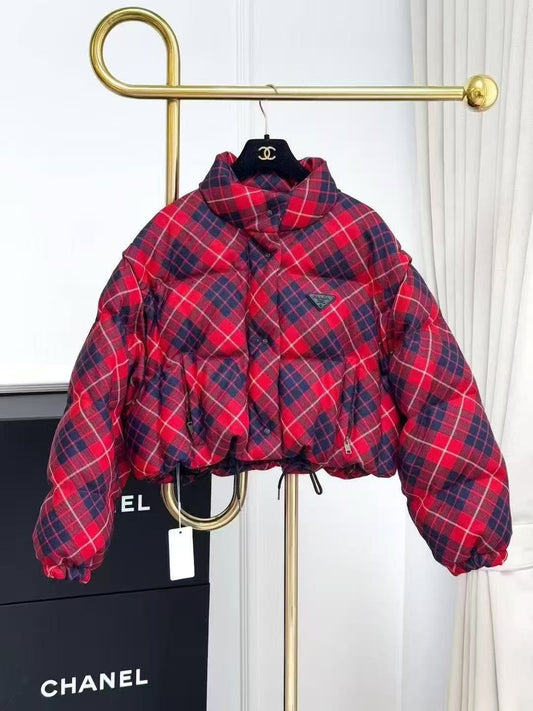 Prada Red and Navy Blue Checkered Long-Sleeve Cropped Down Jacket