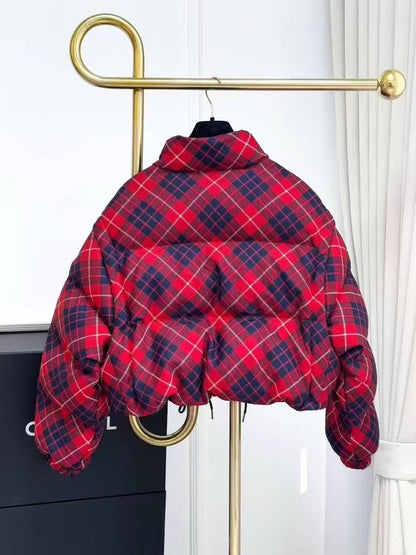 Prada Red and Navy Blue Checkered Long-Sleeve Cropped Down Jacket