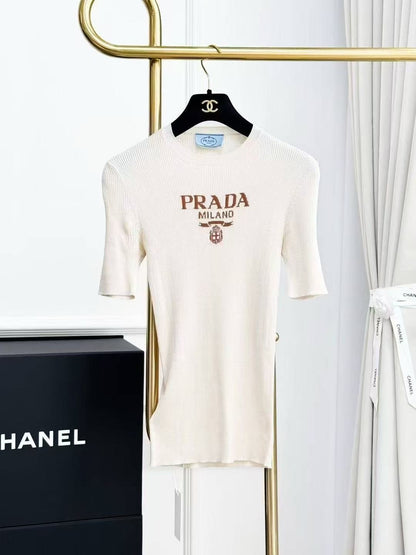 Prada Letter Logo Off-White Knit Short-Sleeve Top