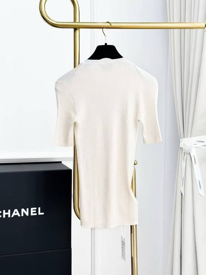 Prada Letter Logo Off-White Knit Short-Sleeve Top