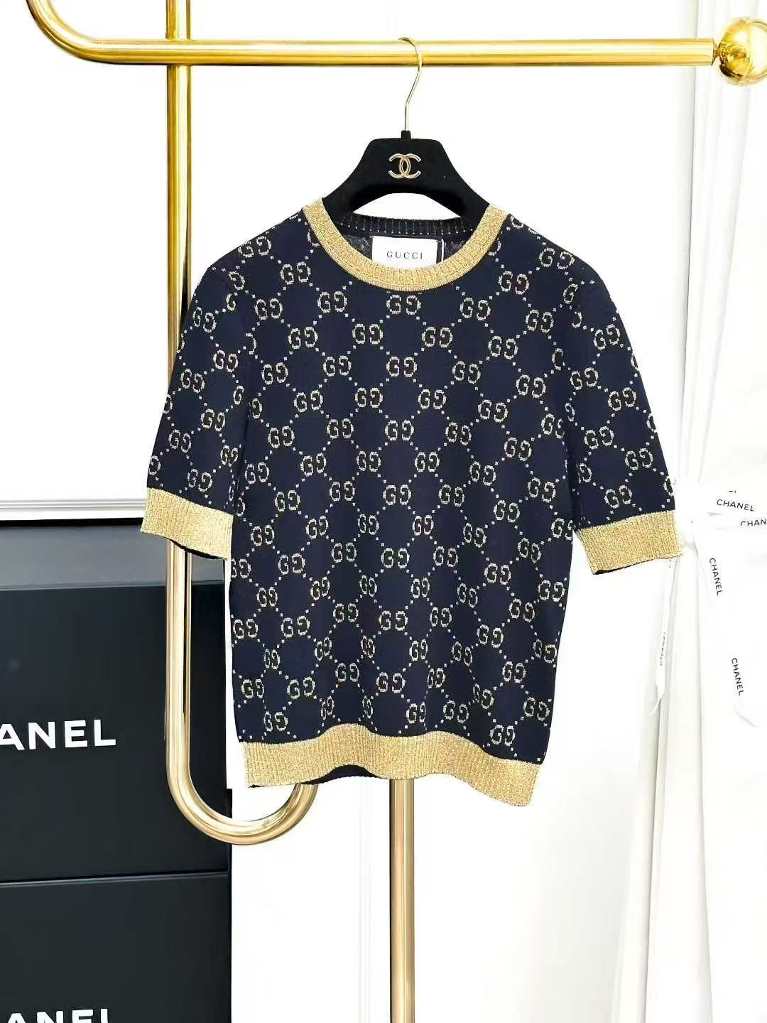 Gucci Navy Blue Vintage Floral Gold Thread Short-Sleeve Knit Top