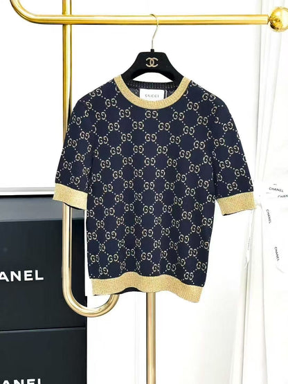 Gucci Navy Blue Vintage Floral Gold Thread Short-Sleeve Knit Top