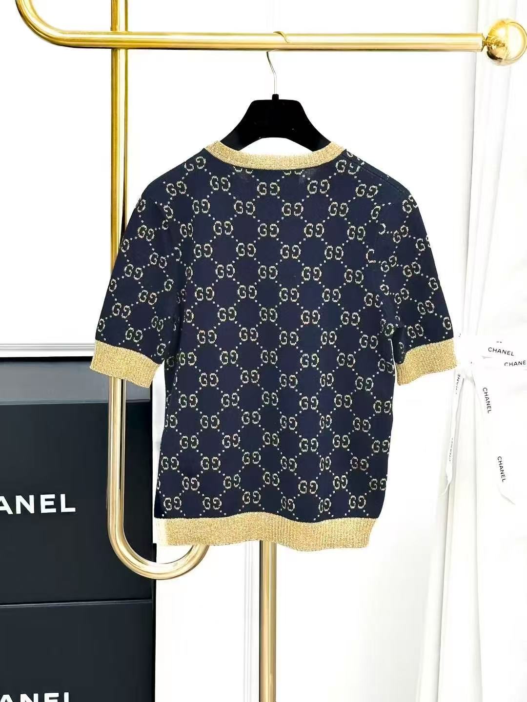 Gucci Navy Blue Vintage Floral Gold Thread Short-Sleeve Knit Top