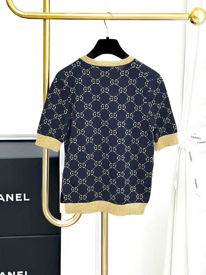 Gucci Navy Blue Vintage Floral Gold Thread Short-Sleeve Knit Top