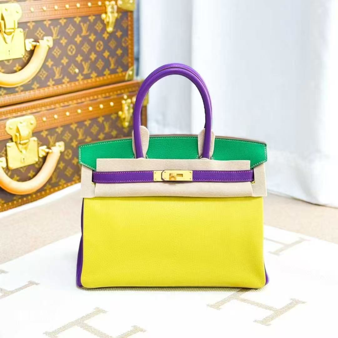 Hermes Birkin 30 Tri-Color C9 Lemon Yellow + 6W Mint Green + P9 Anemone Purple