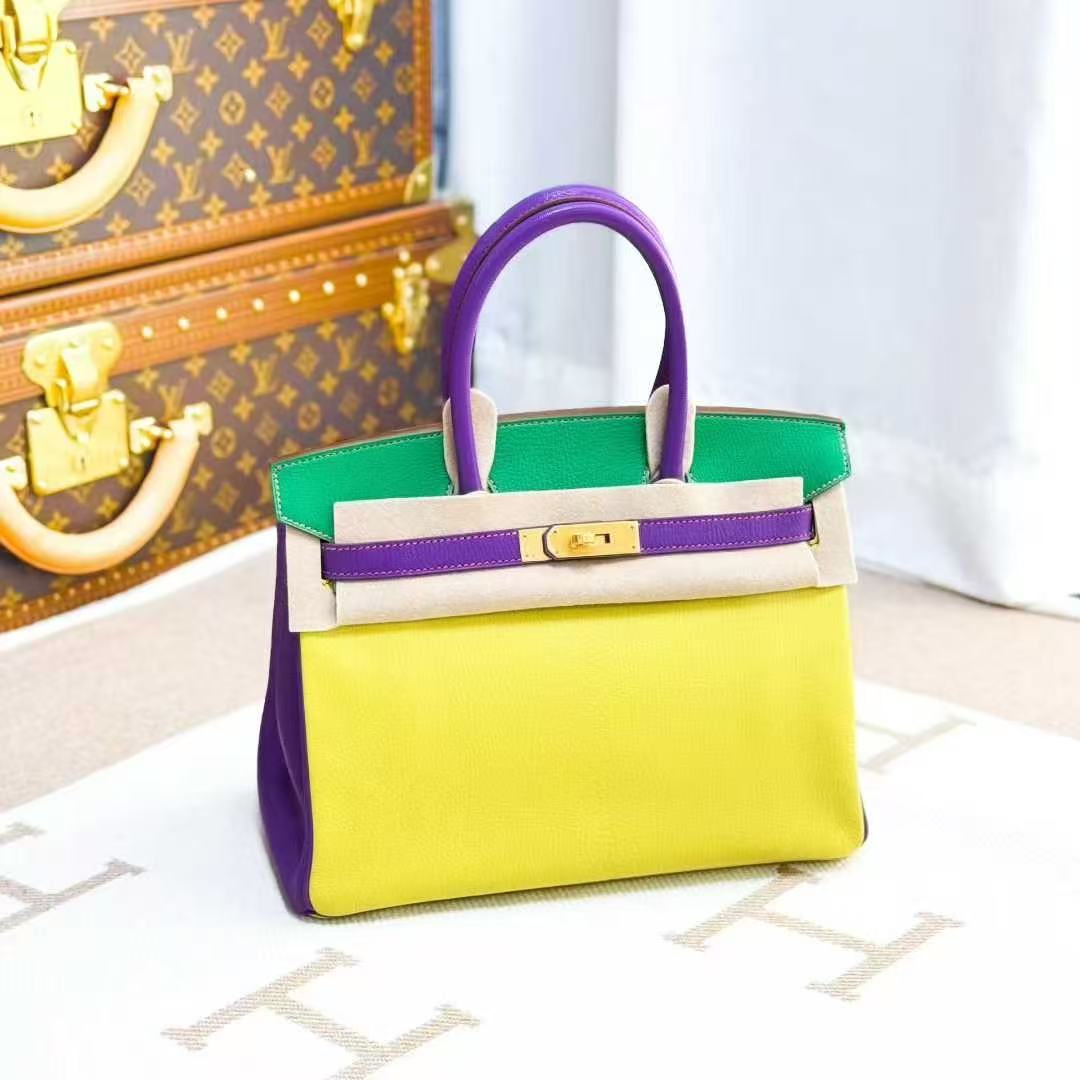 Hermes Birkin 30 Tri-Color C9 Lemon Yellow + 6W Mint Green + P9 Anemone Purple