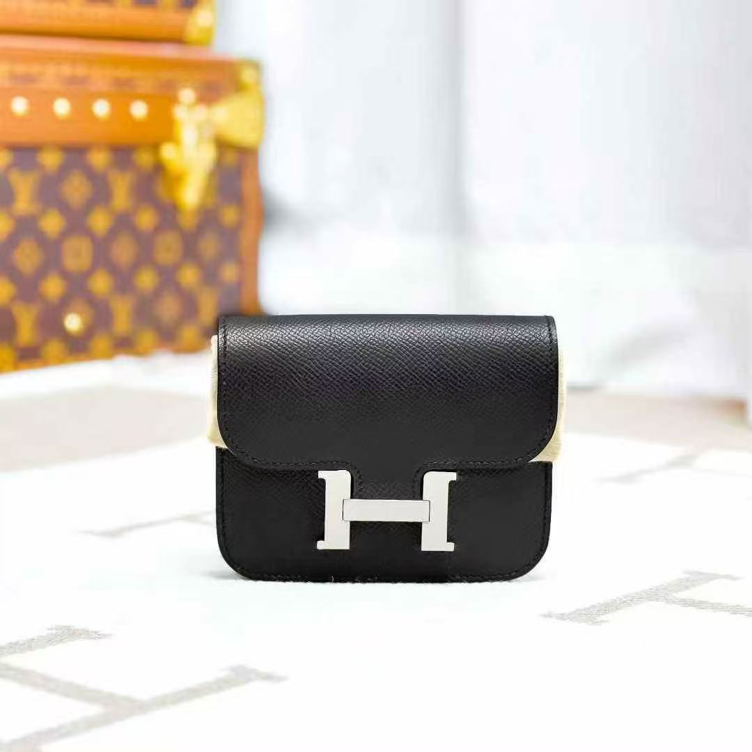 Hermes Constance Slim Black Wallet with Silver Buckle, Waist Bag