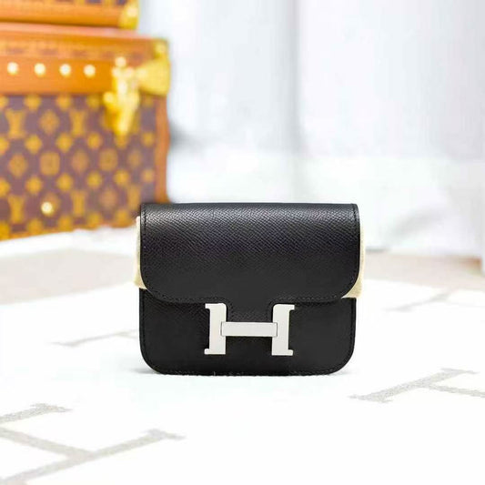 Hermes Constance Slim Black Wallet with Silver Buckle, Waist Bag