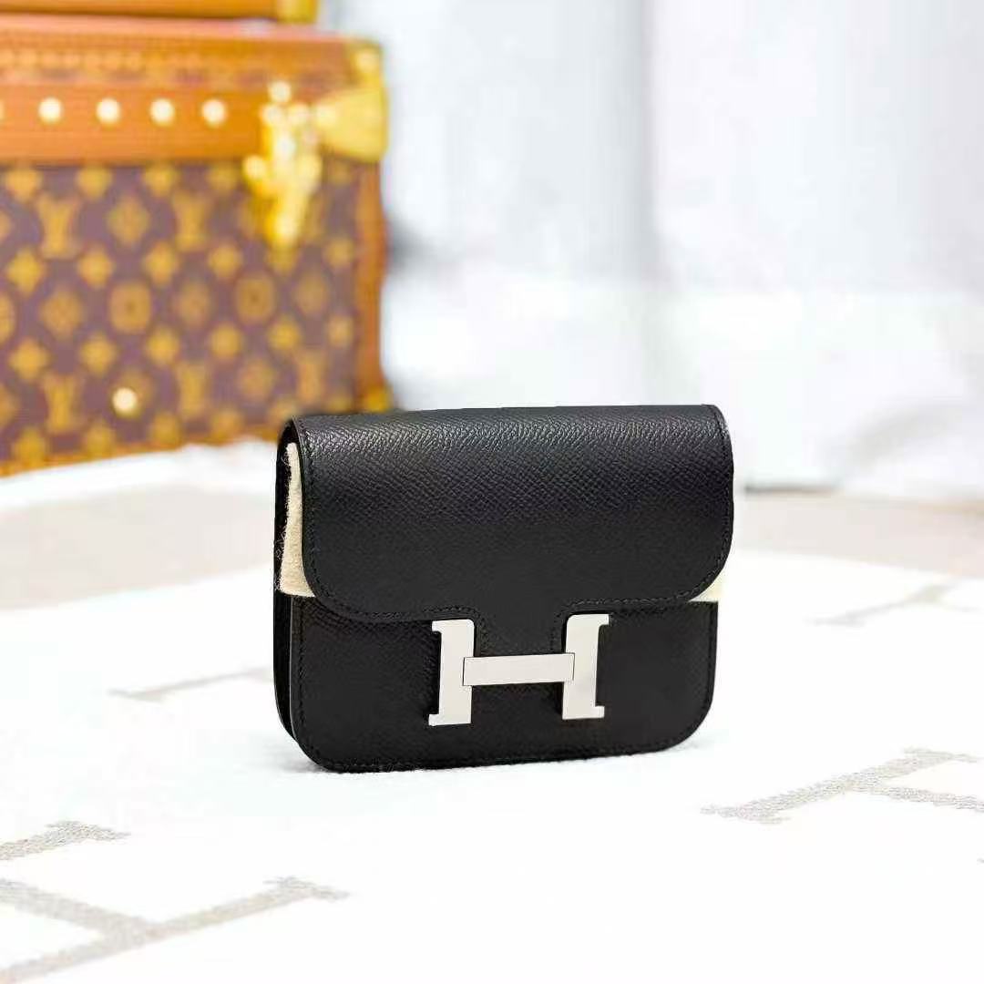 Hermes Constance Slim Black Wallet with Silver Buckle, Waist Bag
