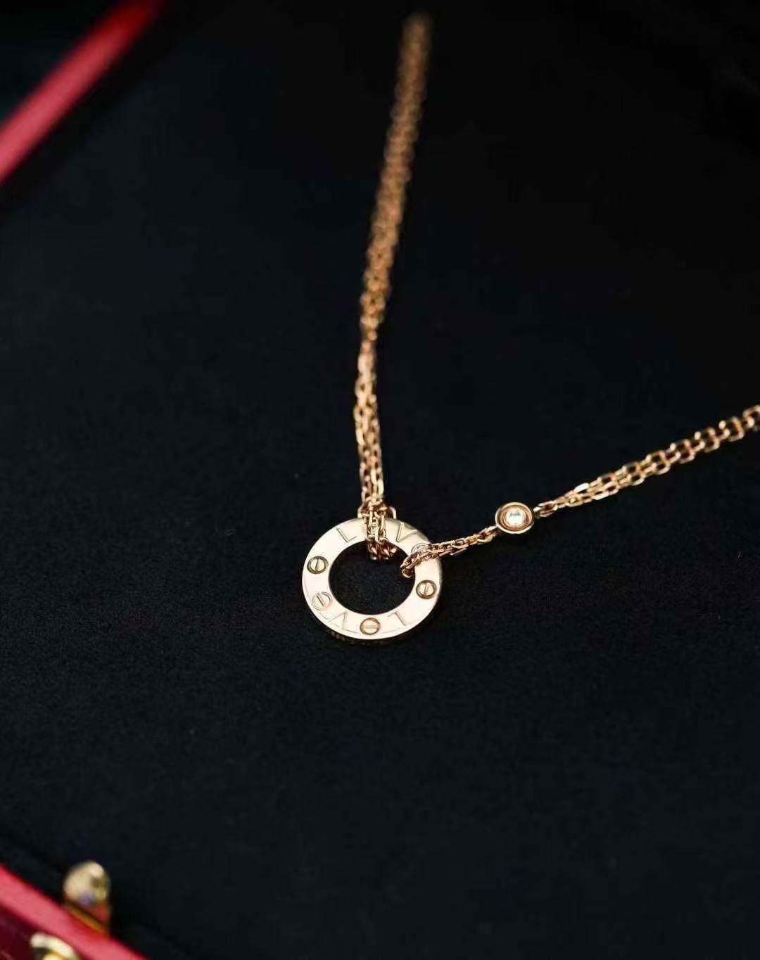 Cartier Love Collection 18k Rose Gold Round Pendant Necklace with Two Diamonds