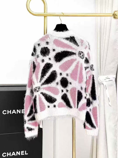 Chanel 23K Pink, White, and Black Ombré Floral Long-Sleeve Cardigan