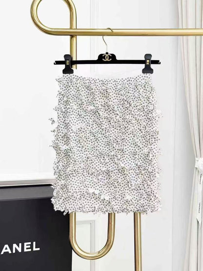 Chanel 25M Beige 3D Floral Double C Print Stretch Knit Skirt