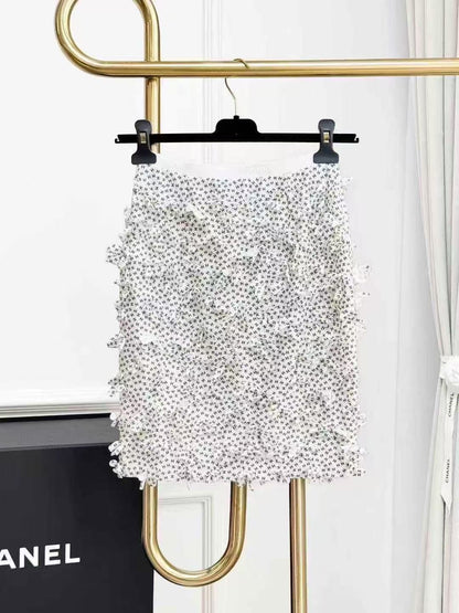 Chanel 25M Beige 3D Floral Double C Print Stretch Knit Skirt