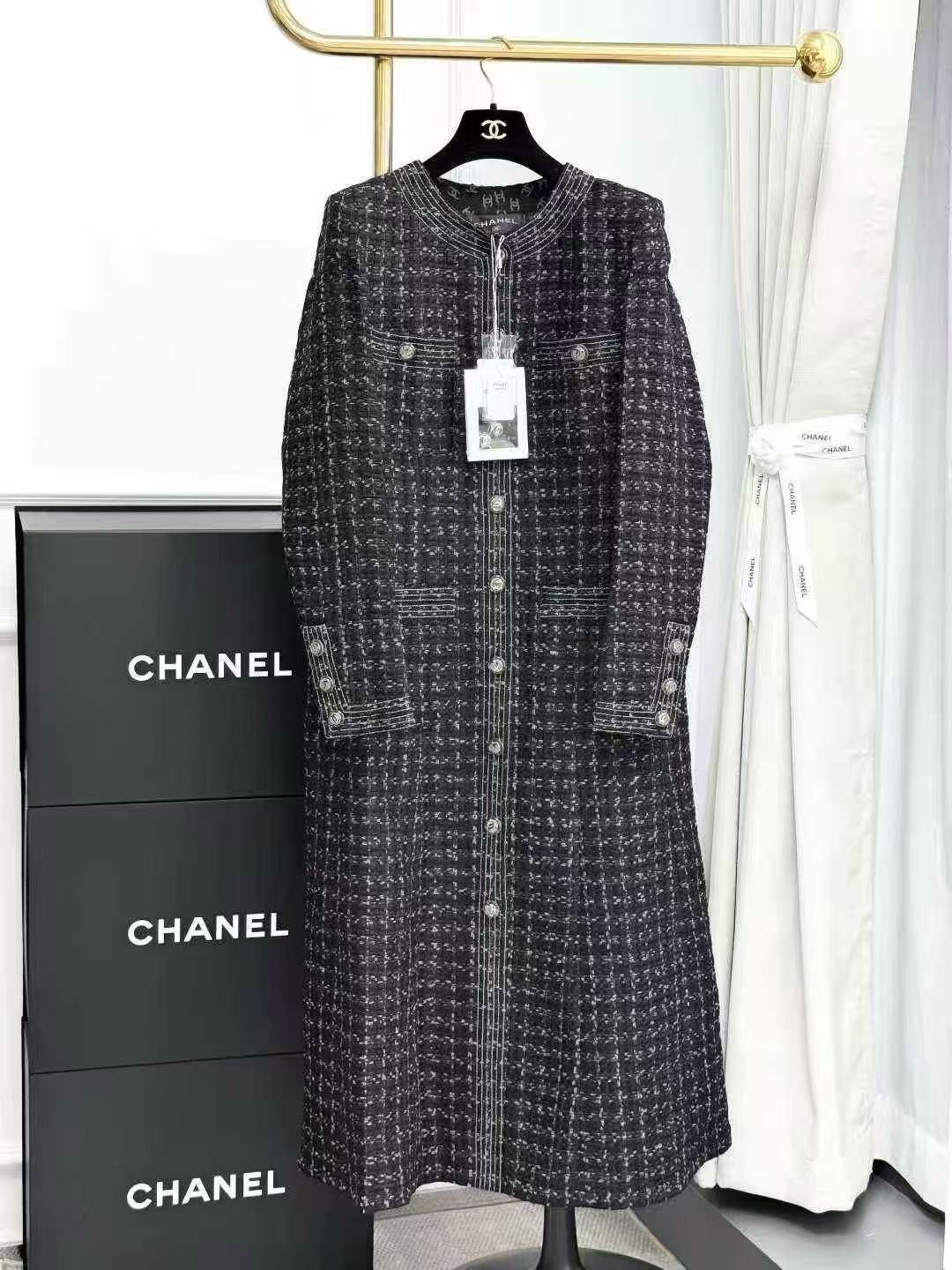 Chanel 20P Black and White Woven Double C Silk-Lined Long Coat