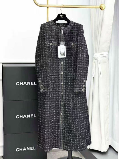 Chanel 20P Black and White Woven Double C Silk-Lined Long Coat