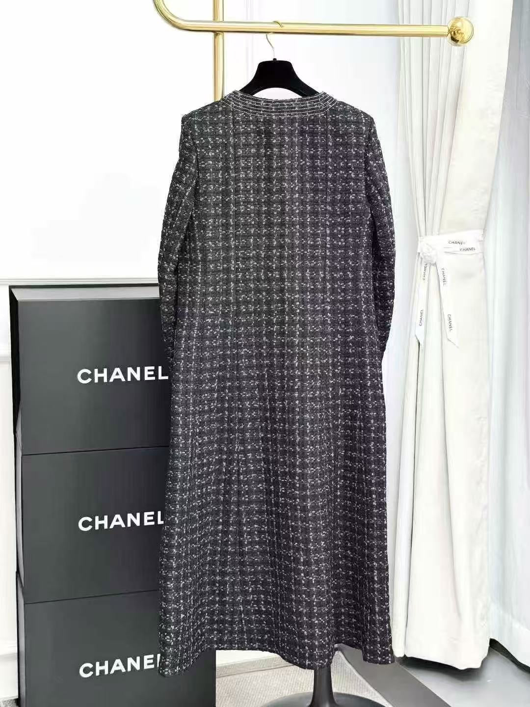 Chanel 20P Black and White Woven Double C Silk-Lined Long Coat