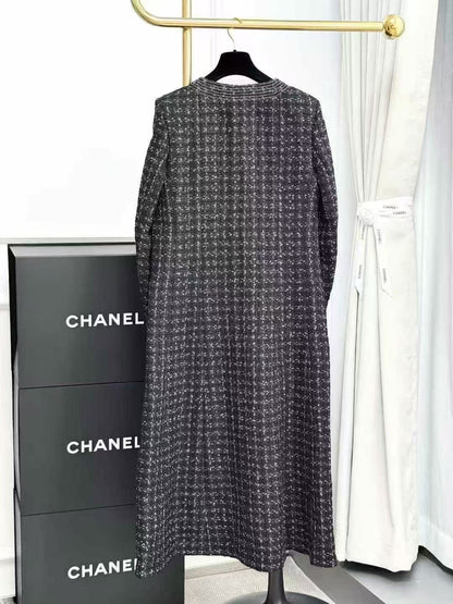 Chanel 20P Black and White Woven Double C Silk-Lined Long Coat