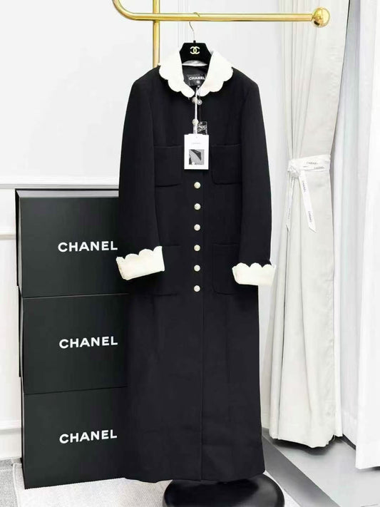 Chanel Equestrian Collection Black Long Coat with Gold Buckle and White Lace Trim