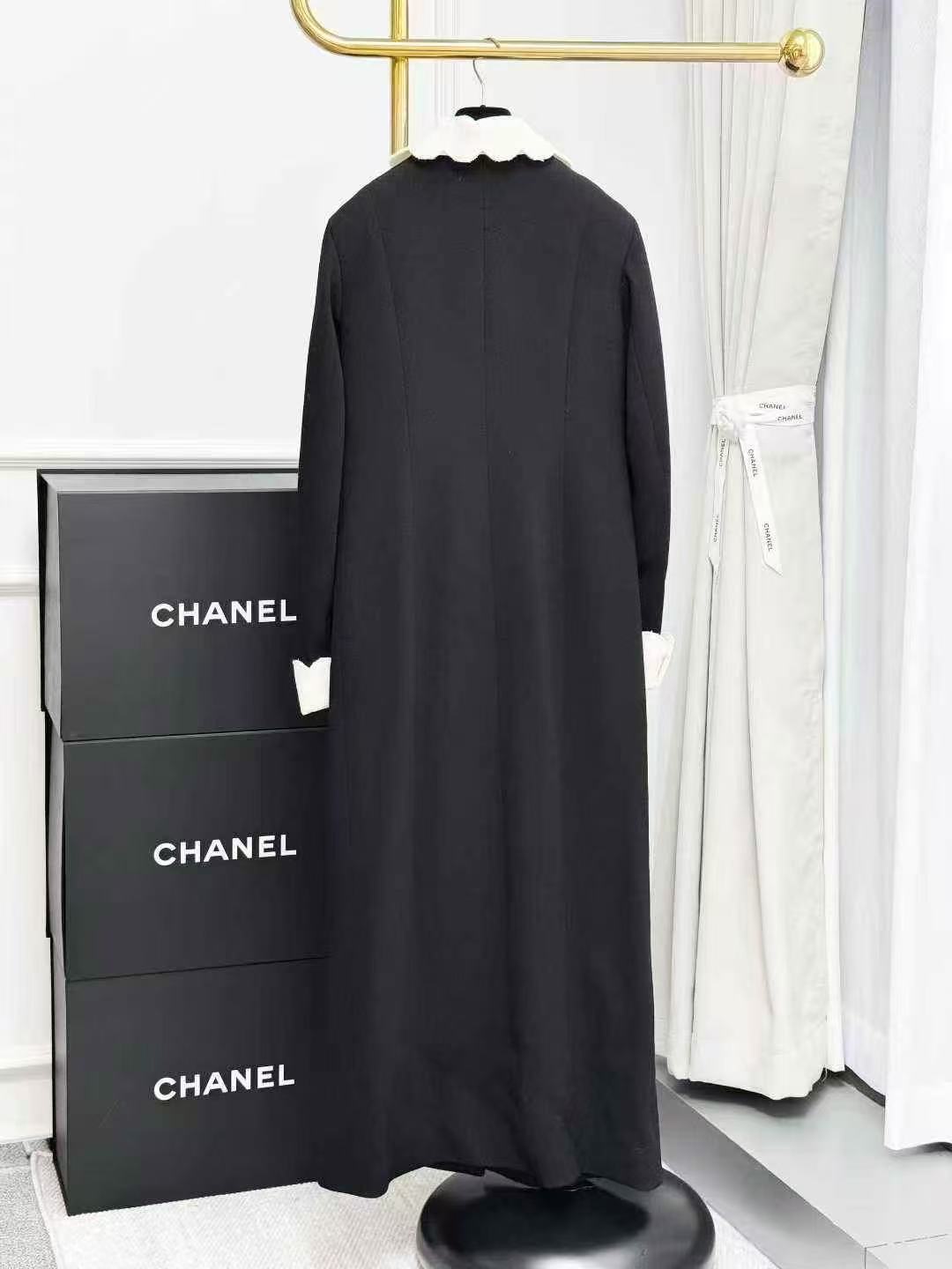 Chanel Equestrian Collection Black Long Coat with Gold Buckle and White Lace Trim