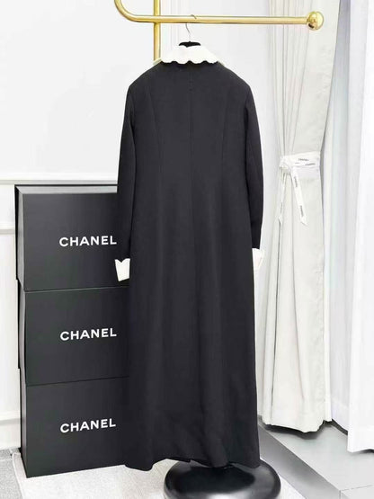 Chanel Equestrian Collection Black Long Coat with Gold Buckle and White Lace Trim