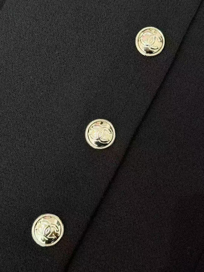 Chanel Equestrian Collection Black Long Coat with Gold Buckle and White Lace Trim