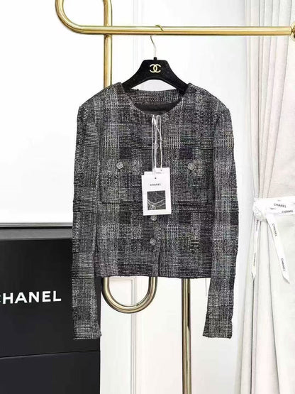 Chanel 22A Black and Gray Checkered Fine-Shimmer Knit Jacket