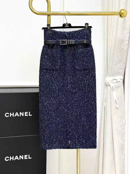 Chanel 17K Ground Control Collection Deep Blue Colorful Sequined Knit Skirt