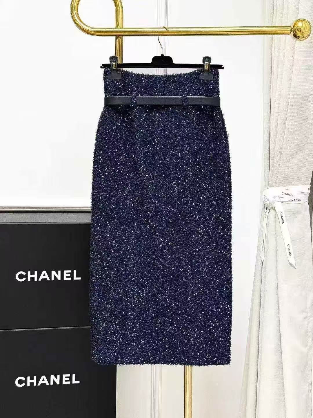 Chanel 17K Ground Control Collection Deep Blue Colorful Sequined Knit Skirt