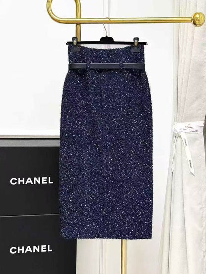 Chanel 17K Ground Control Collection Deep Blue Colorful Sequined Knit Skirt