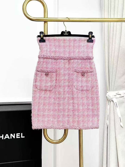 Chanel 14K Supermarket Collection Pink-White Checkered Knit High-Waisted Skirt