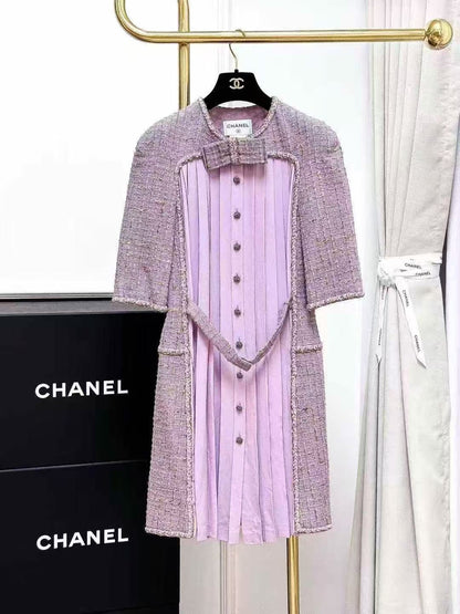 Chanel 15B Taro Purple Bow-Tie Plaid Silk Mid-Sleeve Dress