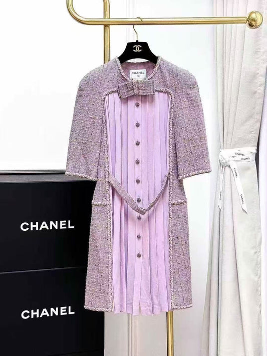 Chanel 15B Taro Purple Bow-Tie Plaid Silk Mid-Sleeve Dress