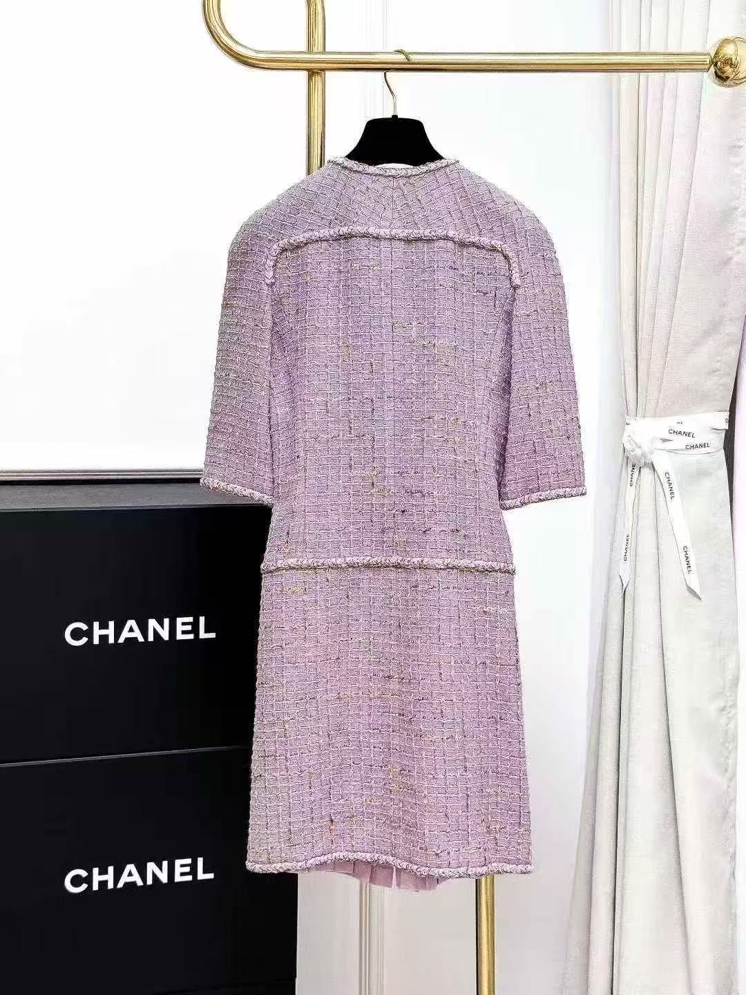 Chanel 15B Taro Purple Bow-Tie Plaid Silk Mid-Sleeve Dress