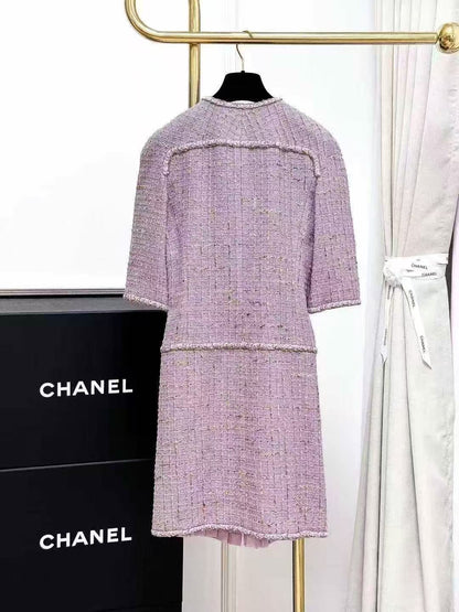 Chanel 15B Taro Purple Bow-Tie Plaid Silk Mid-Sleeve Dress