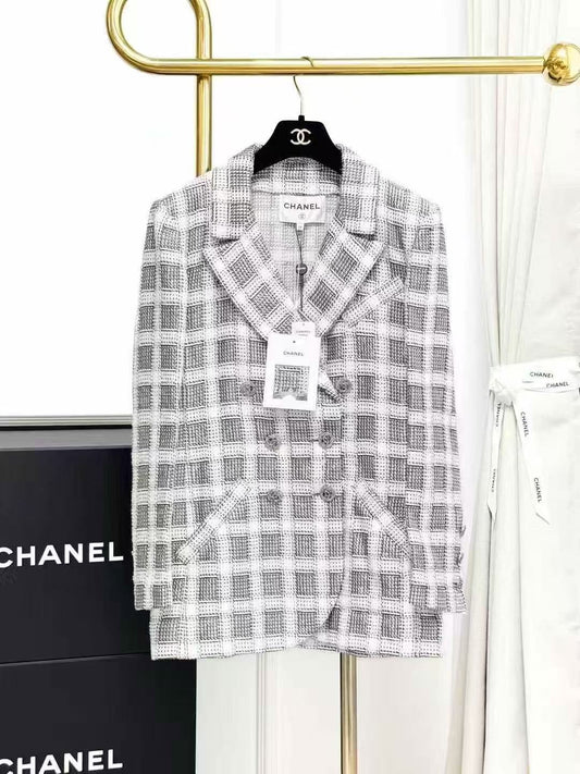 Chanel 20P Black and White Checkered Double-C Diamond Buckle Lapel Jacket