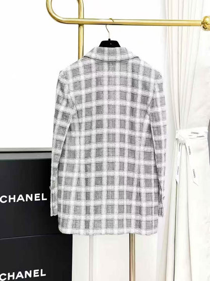 Chanel 20P Black and White Checkered Double-C Diamond Buckle Lapel Jacket