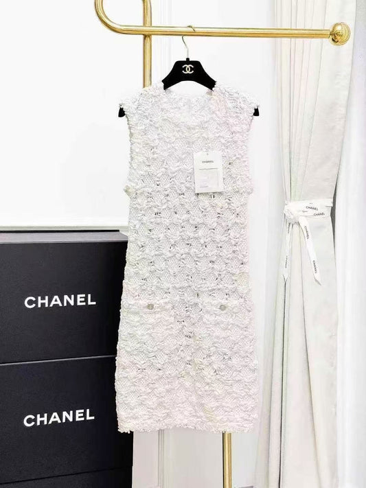 Chanel 25P White 3D Openwork Knit Tank Dress