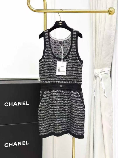 Chanel 25P Black and White Striped Knit Sleeveless Waist-Defining Tank Dress