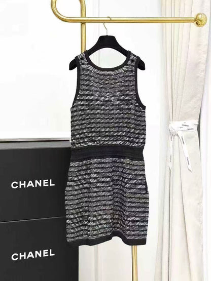 Chanel 25P Black and White Striped Knit Sleeveless Waist-Defining Tank Dress