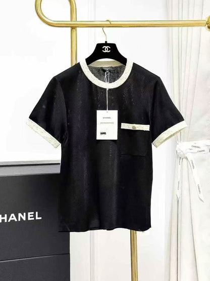 Chanel 25A Black Knit Short-Sleeve Top with Off-White Trim