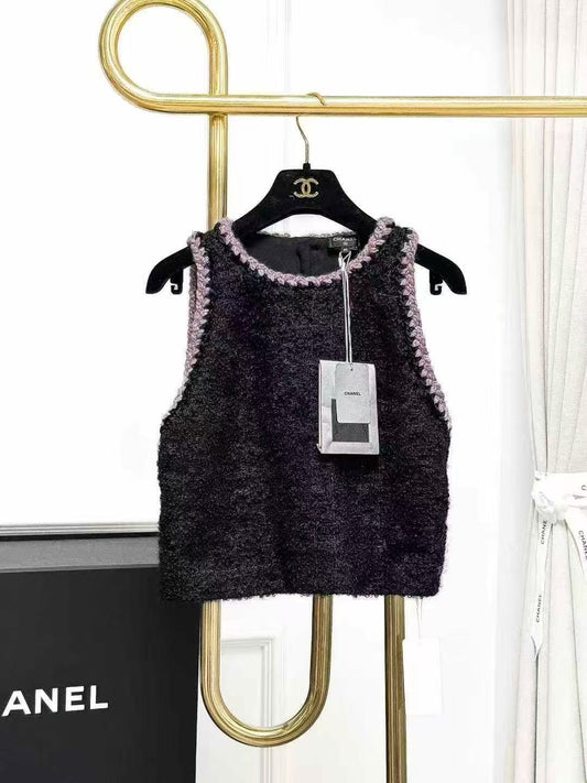 Chanel 24K Black Tweed Vest with Pink Trim