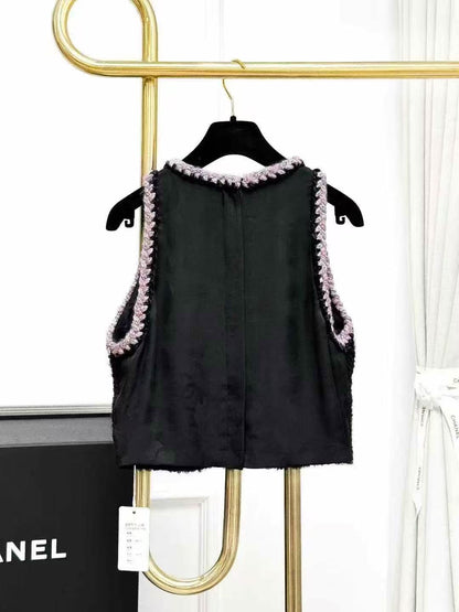 Chanel 24K Black Tweed Vest with Pink Trim