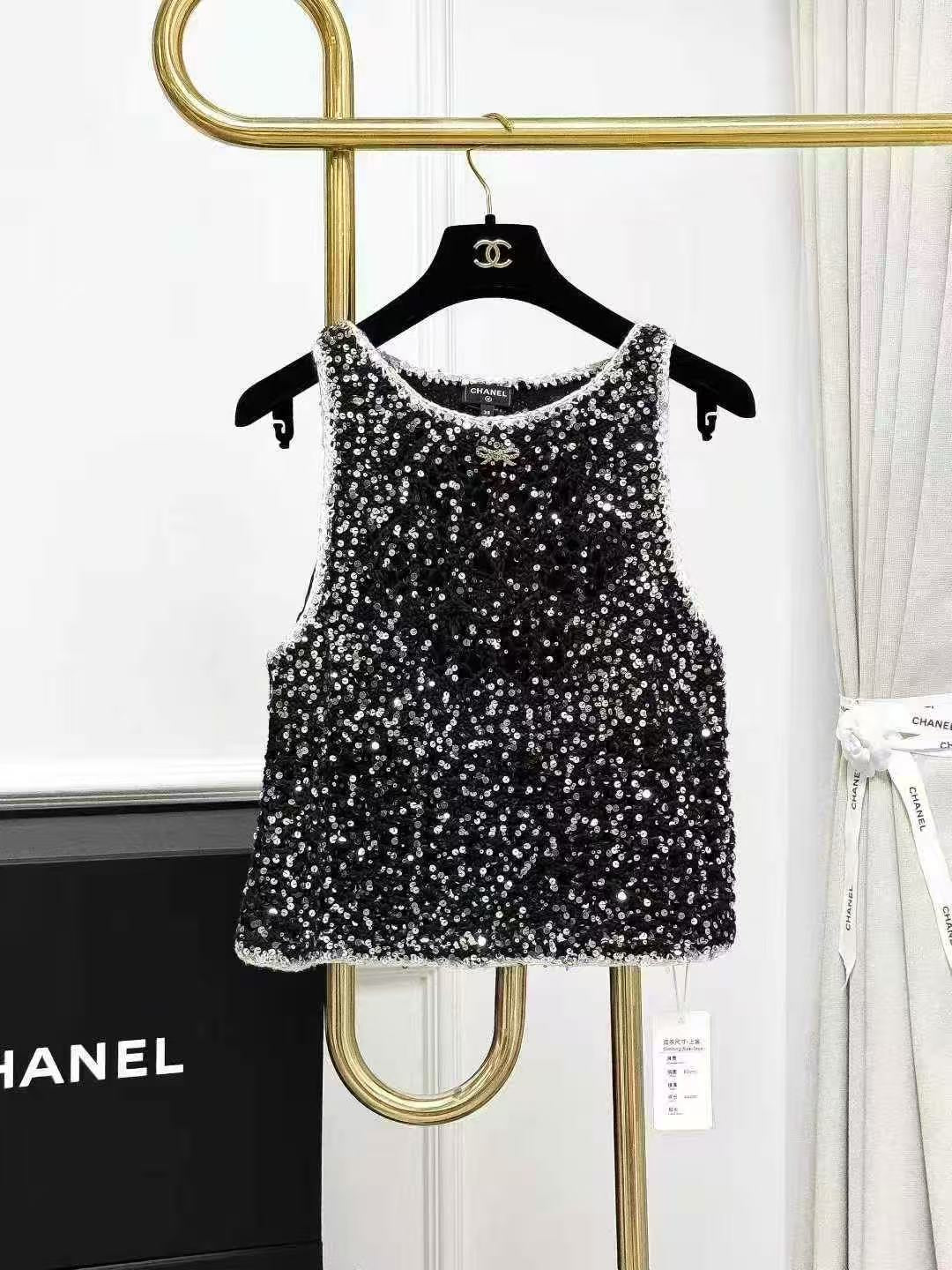 Chanel 23S Bow Black Starry Sequined Knit Tank Top